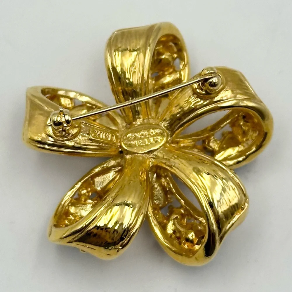 Nolan Miller Blue Tones & Clear Rhinestone Flower Bow Gold Tone Brooch